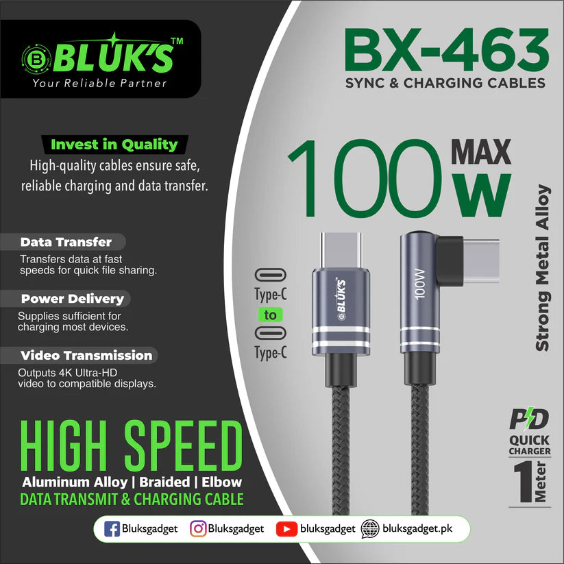 Bluks BX-463 100W Fast Charging Sync & Data Cable – Type-C PD High-Speed Charge & Transfer