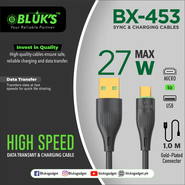 Bluks BX-453 27W Fast Charging Sync & Data Cable – Type-C PD High-Speed Charge & Transfer