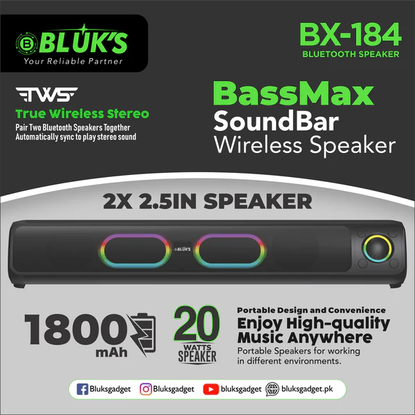 BLUK BX-184 BassMax SoundBar Wireless Speaker – Powerful Bass & Portable Design