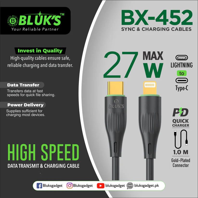 Bluks BX-452 27W Fast Charging Sync & Data Cable – Type-C PD High-Speed Charge & Transfer