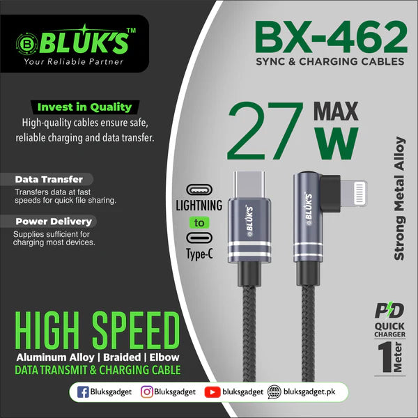 Bluks BX-462 27W Fast Charging Sync & Data Cable – Type-C PD High-Speed Charge & Transfer