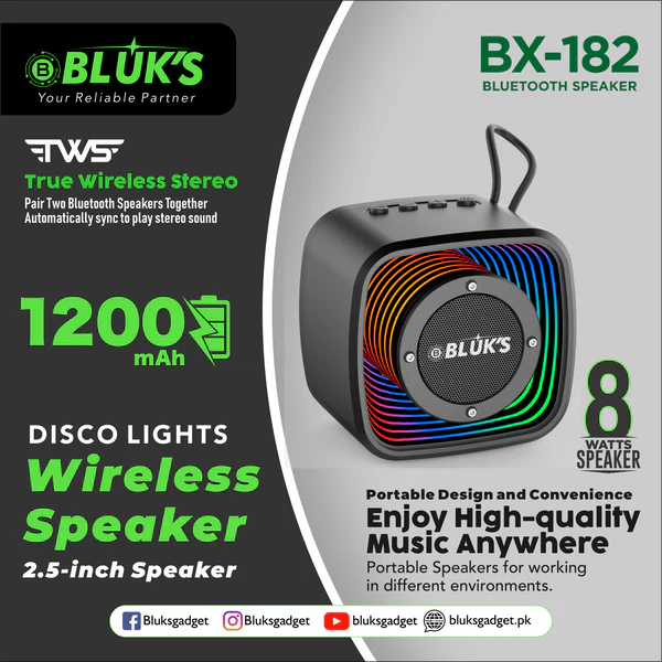 BLUK BX-182 Disco Lights Wireless Bluetooth Speaker – Party & Music Speaker