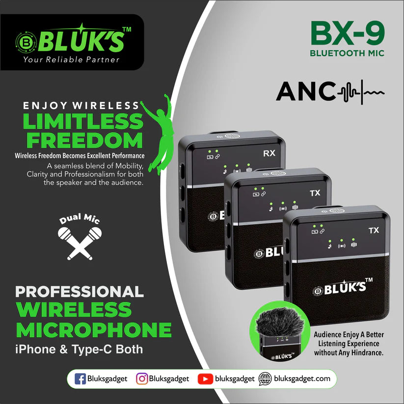 BLUK BX 10 Dual Wireless Lavalier Mic – 360° Pickup & ANC for iPhone, Android & DSLR Cameras