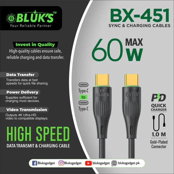 Bluks BX-451 60W Fast Charging Sync & Data Cable – Type-C PD High-Speed Charge & Transfer