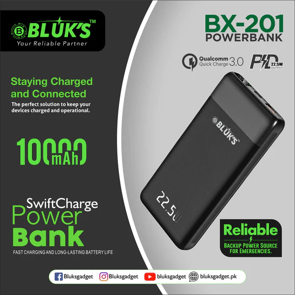 BLUK BX-201 Power Bank – 10000mAh High-Capacity Portable power bank