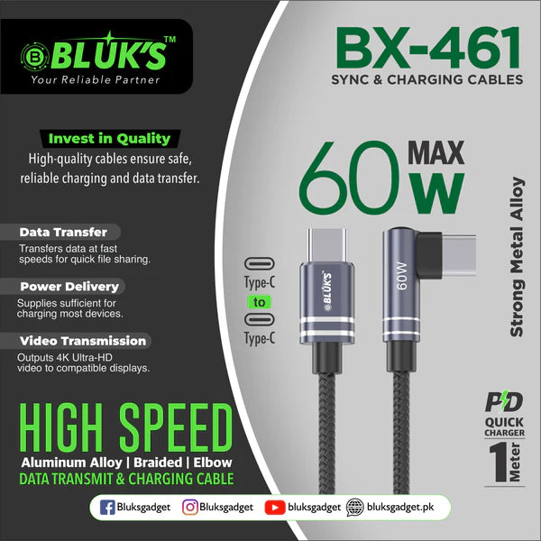 Bluks BX-461 60W Fast Charging Sync & Data Cable – Type-C PD High-Speed Charge & Transfer