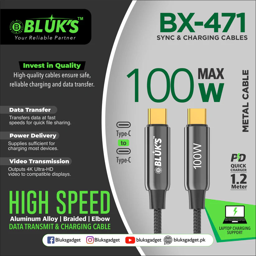 Bluks BX-471 100W Fast Charging Sync & Data Cable – Type-C PD High-Speed Charge & Transfer